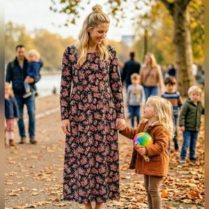 Hanna Andersson Ditsy Floral Midi Dress Size Large Long Sleeve Black Red Cotton